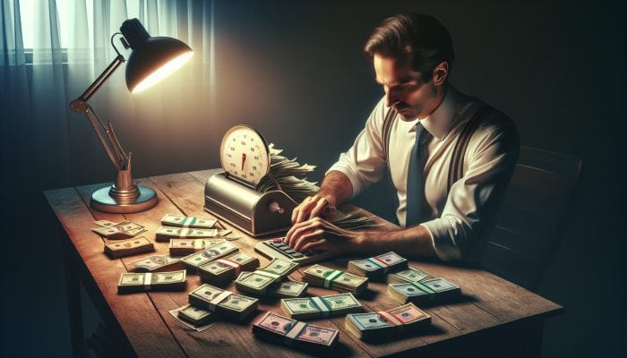 Person at desk consolidating bills into one, using calculator, looking relieved.