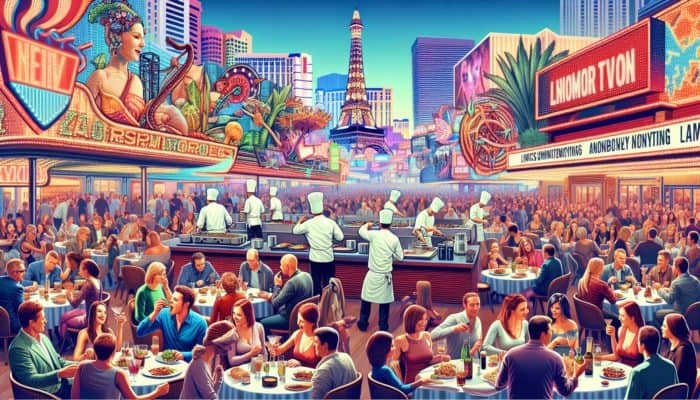 How to Pair Cocktails with Vegas Dining: Diners enjoying diverse cuisines in themed Las Vegas restaurants with live entertainment and innovative cocktails.