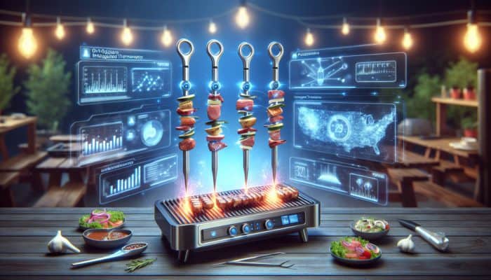 Top Smart Skewers for BBQ Ease: Advanced smart skewers with thermometers grilling meats perfectly on a modern barbecue in a vibrant outdoor setting.