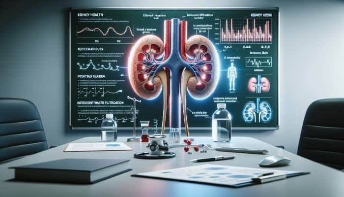 Diagram of kidney health indicators showing elevated creatinine and BUN levels, with explanations of potential issues.