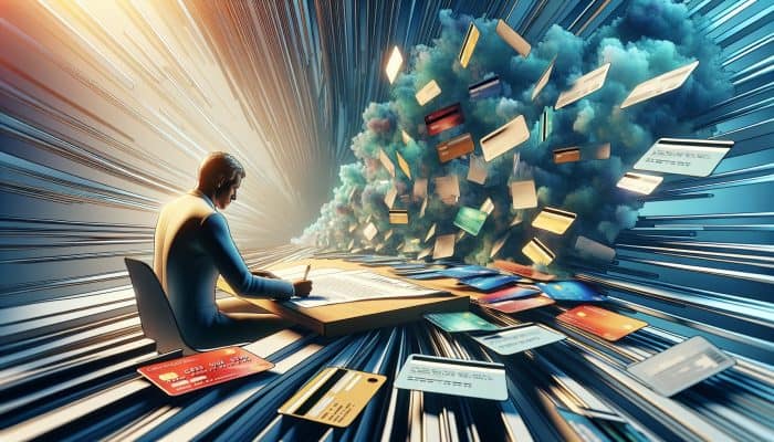 A person signing documents at a desk with multiple credit cards and loan papers, leading to a single loan document.