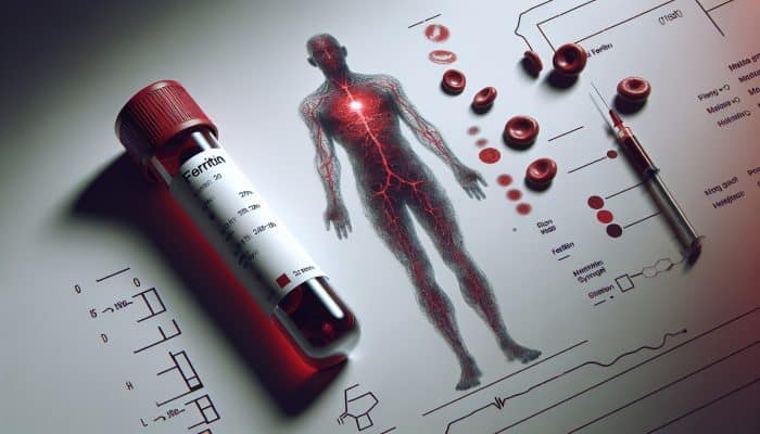 Ferritin Blood Test in Colchester: Illustration of a ferritin blood test vial and human body showing iron storage and red blood cells.