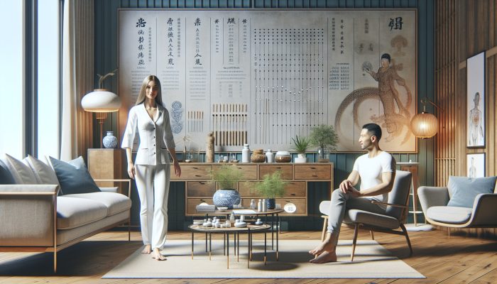 A serene UK acupuncture clinic blending traditional Chinese medicine with modern decor, where a practitioner discusses treatment plans with a patient.