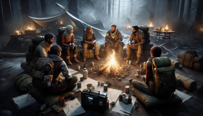 Prepper Community Tips: A diverse group of preppers discussing strategies around a campfire, showing trust and preparedness with gear and supplies.