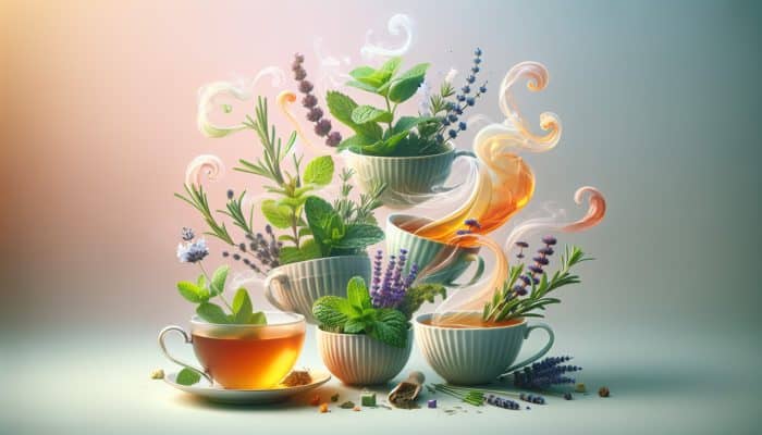 How to Blend Herbs for Teas: A still life of British herbal teas in elegant teacups, featuring mint, chamomile, lavender, rosemary, and lemongrass.