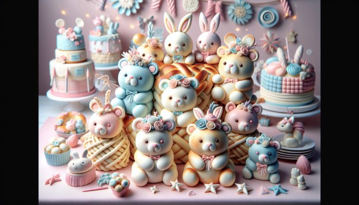 Adorable baby shower buns shaped like bunnies and bears in soft pastel colours on a festive table.