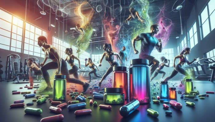 Pre-workouts in Group Fitness: A group of fitness enthusiasts in a vibrant gym, energized by pre-workout supplements, during a high-intensity workout.