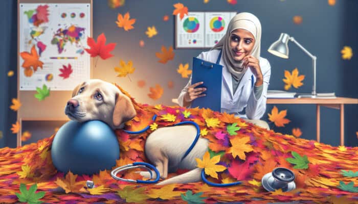 Dog playing in autumn leaves with vet in background, emphasizing need for regular health check-ups.