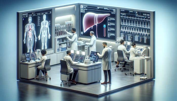 Illustration of liver blood tests in a modern Salisbury clinic with expert doctors analyzing results.