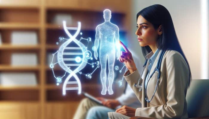 Patient and doctor discussing abnormal liver test results, pointing at elevated enzyme levels on a chart.