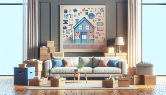 A tidy UK home after clearance, with organised boxes and a clean, serene living room.