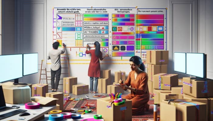 Person organising room with family, using boxes and tools, guided by a schedule on the wall.