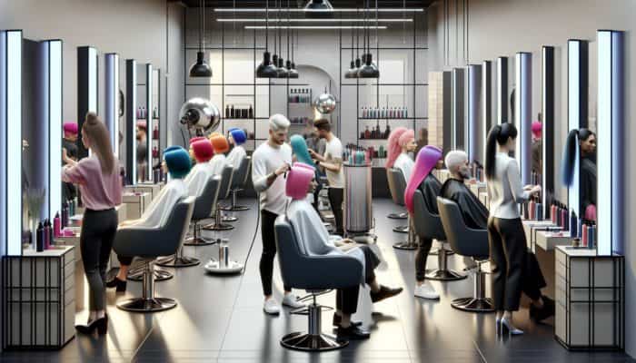 Vibrant temporary hair color washes in pink, blue, and purple, applied in a modern salon.