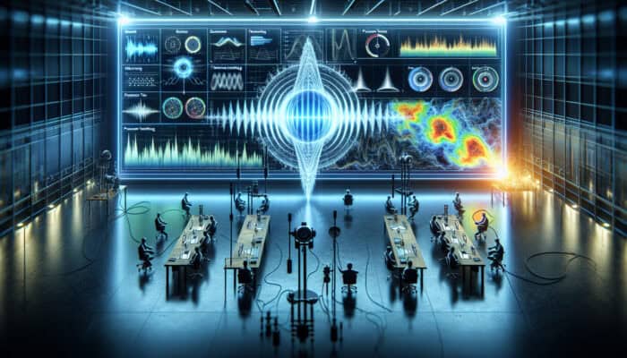 High-tech water leak detection using acoustic sensors, thermal imaging, and pressure testing in a modern utility setting.