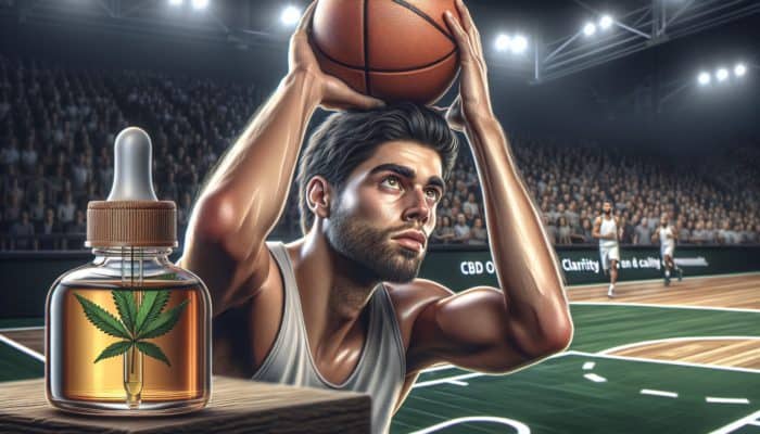 A basketball player shooting a basket in a high-stakes game, using CBD for mental clarity.