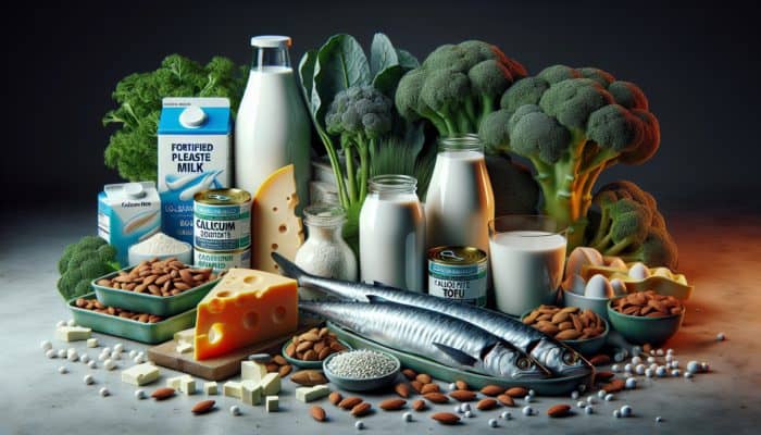 A still life of calcium-rich foods like dairy, greens, and nuts, vital for new mothers' bone health.