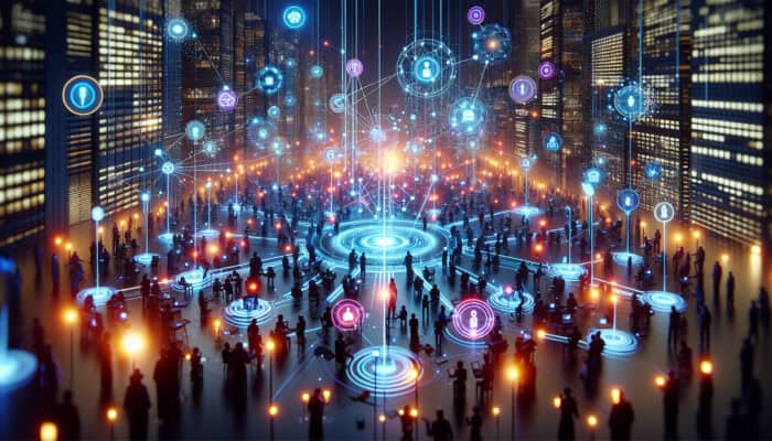 A digital network of virtual assistants and nodes, glowing lines show growth, futuristic cityscape background.