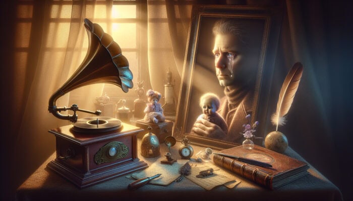 Grief Closure Tips With House Clearance: A person surrounded by nostalgic items, holding a photo, tears in eyes, symbolizing grief and memory.