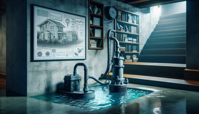 Sump Pump Services in West Vancouver: Sump pump in West Vancouver basement removing water, preventing flood during heavy rain.