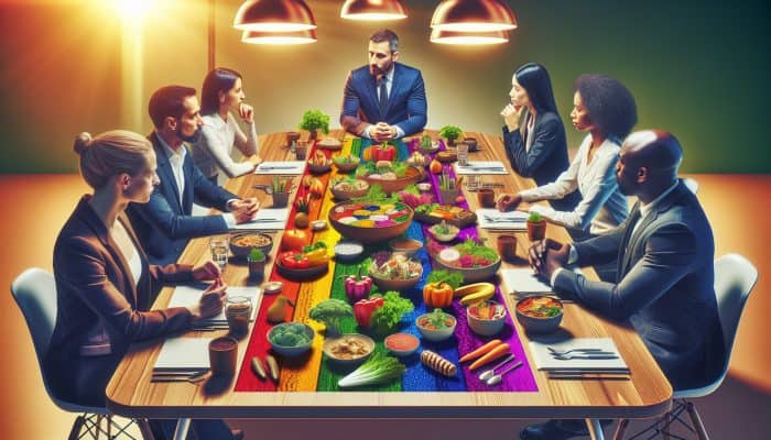 A colorful array of vegetarian dishes on a table, with experts discussing meal planning in a modern room.