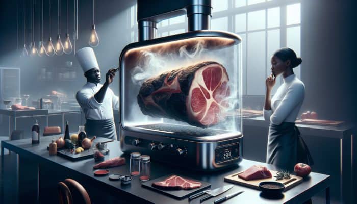 Using a Smoke Generator for Large Cuts: A modern smoke generator infusing a large cut of meat with smoky flavors in a high-end kitchen.