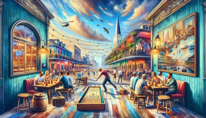 Best Day Drinking Venues With Shuffleboard: A lively New Orleans bar scene with people day drinking and playing shuffleboard amidst colourful architecture.