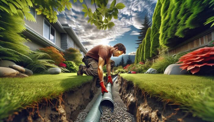 A worker installing a French drain in a Vancouver backyard, improving drainage.