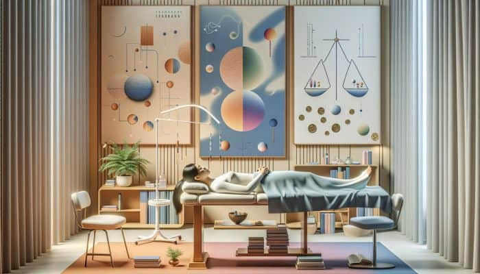 A student receiving affordable acupuncture at a university health center with calming decor and educational posters.