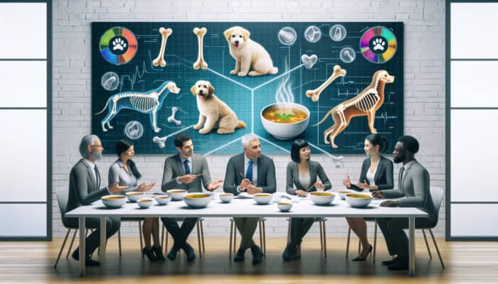 Experts discussing bone broth benefits for pet joint health with diagrams and steaming bowls.