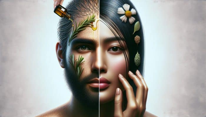 Two people with different scalp types using specific herbal products to manage dandruff effectively.