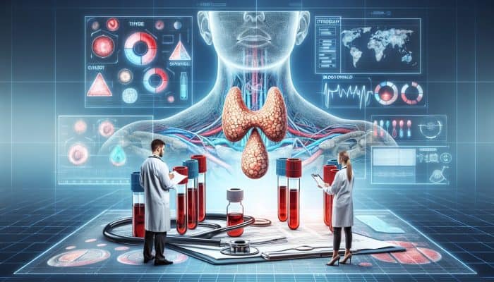 A medical illustration of a thyroid gland with blood test vials, charts, and doctors in a Durham clinic.