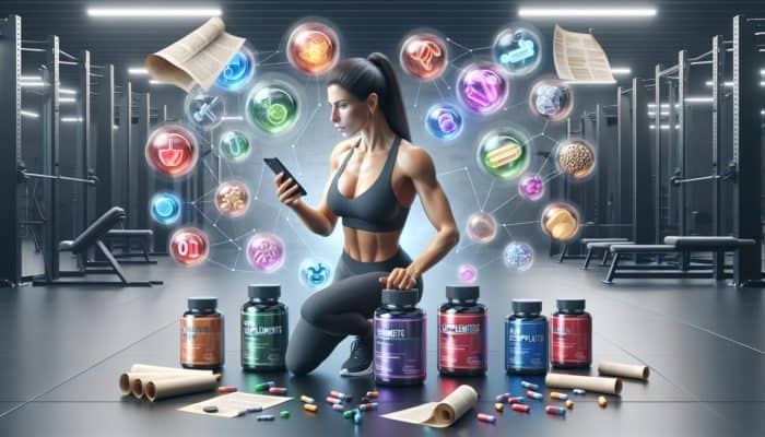 A fitness influencer in a gym, reviewing supplement labels and research, engaging with followers on a smartphone.