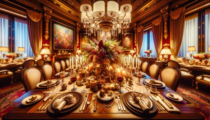 Elegant themed dinner table with expert-crafted centerpiece, fine china, and sophisticated lighting in a luxurious dining room.