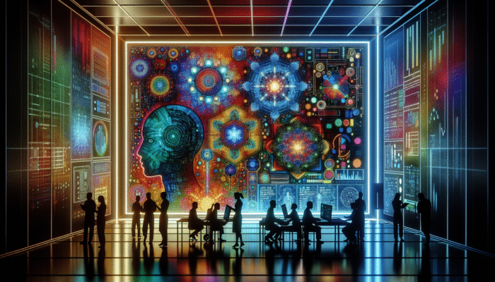 A futuristic interface with colorful graphs, AI algorithms, and experts analyzing data in a neon-lit room.