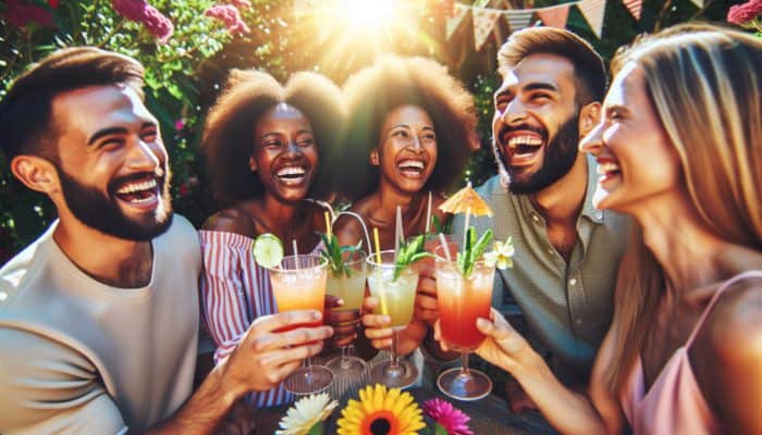 How to Pair Day Drinking with Daytime Shows: Friends enjoying light cocktails at a sunny brunch, surrounded by vibrant flowers.