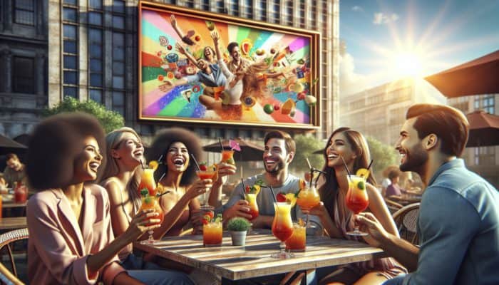 Friends enjoying colorful cocktails at a sunny café while watching a lively daytime TV show.