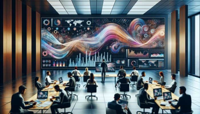 A team analyzing e-commerce video campaign data on screens with graphs and charts in a modern office.