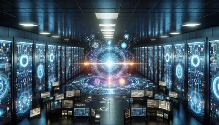 A futuristic server room with AI holograms optimizing content on surrounding screens.