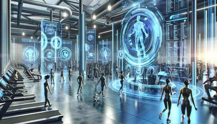 A futuristic gym with holographic fitness experts and virtual assistants managing schedules on floating screens.