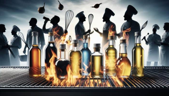 High-heat grilling oils in bottles on a grill with flames, experts discussing in background.