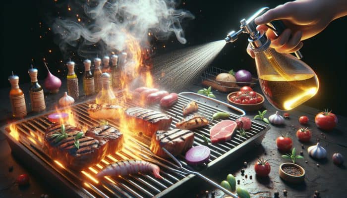 Grapeseed oil sprayed on a sizzling grill with herbs and spices, enhancing meat and fish grilling.