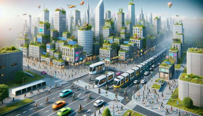 Eco-friendly Transport for Clearance Items: A vibrant cityscape with electric vehicles, cyclists, trams, and pedestrians amidst greenery and solar panels, symbolizing eco-friendly transport.