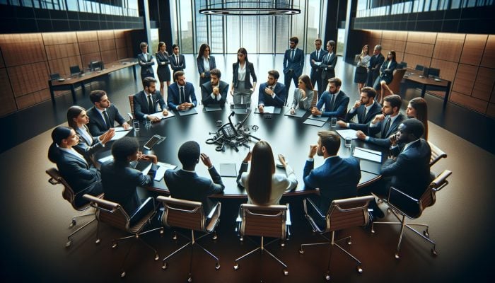 UK financial analysts discussing consolidation challenges in a conference room, focusing on a telecom merger's cultural integration failure.