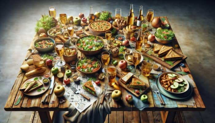 A rustic table set with daytime meals like salads, sandwiches, quiches, and craft ciders.