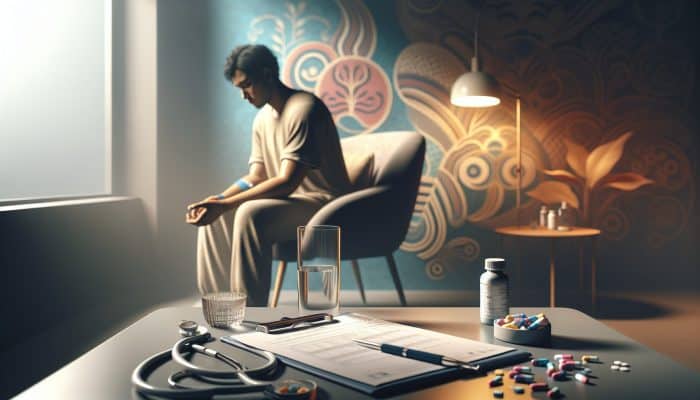 Person in waiting room with water, medication list, and NHS number on clipboard, preparing for diabetes blood test.