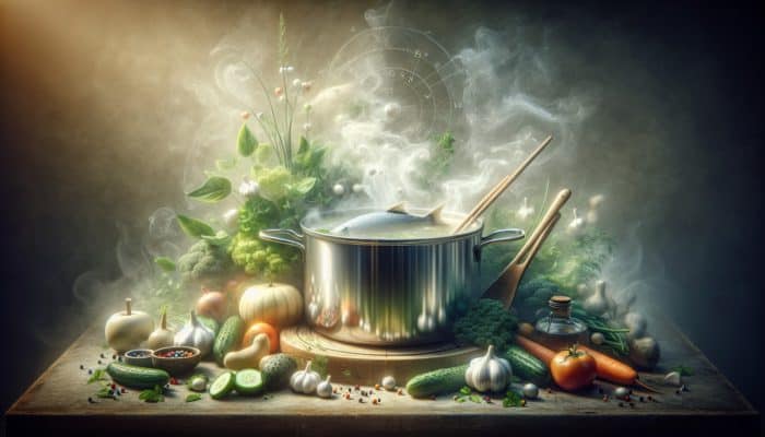 A pot of clear broth with fish fillets poaching, surrounded by fresh herbs and vegetables.