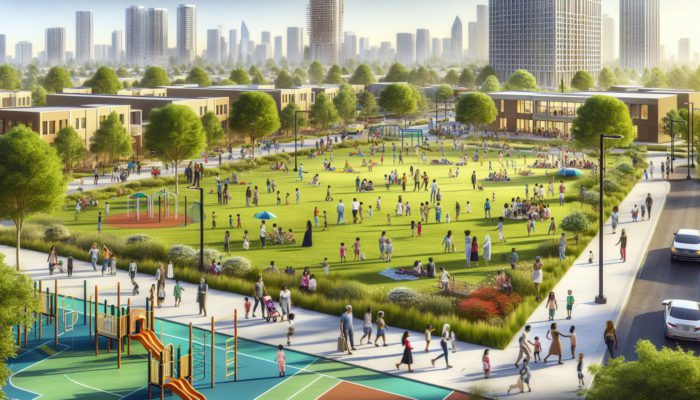 A vibrant park with families, children playing near schools, community events, and accessible public transport.