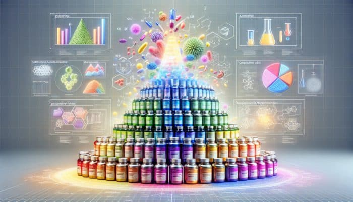 Safety Tips for Stacking Supplements: Colourful supplement bottles strategically stacked, symbolising enhanced wellness against a biochemical diagram backdrop.