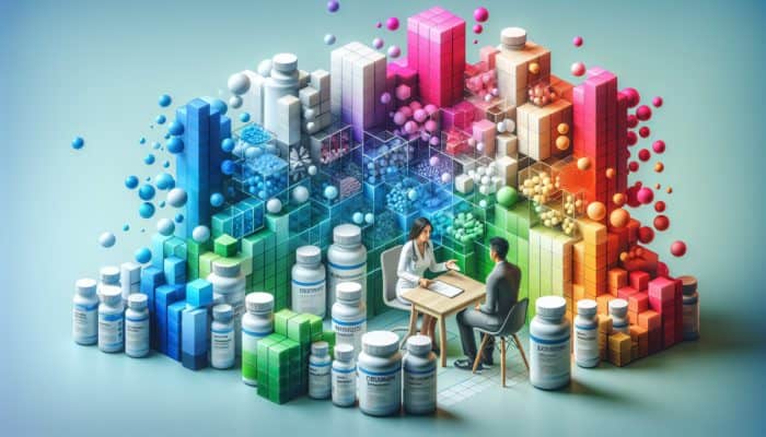 Individual consulting a healthcare provider about safe supplement stacking in a modern clinic, surrounded by bottles and a chart.