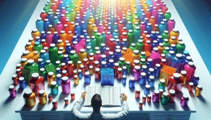 An individual organising colourful supplement bottles on a table with an open journal, symbolising safe stacking practices.